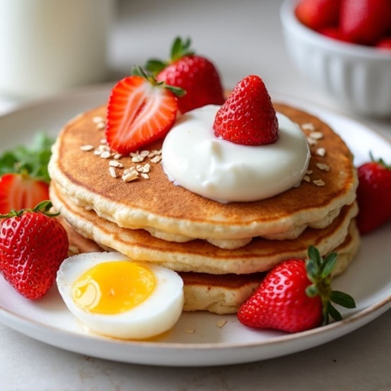 Fluffy Oat Pancakes with Fresh Strawberries and Soft Fried Eggs with High Protein Peach Yogurt