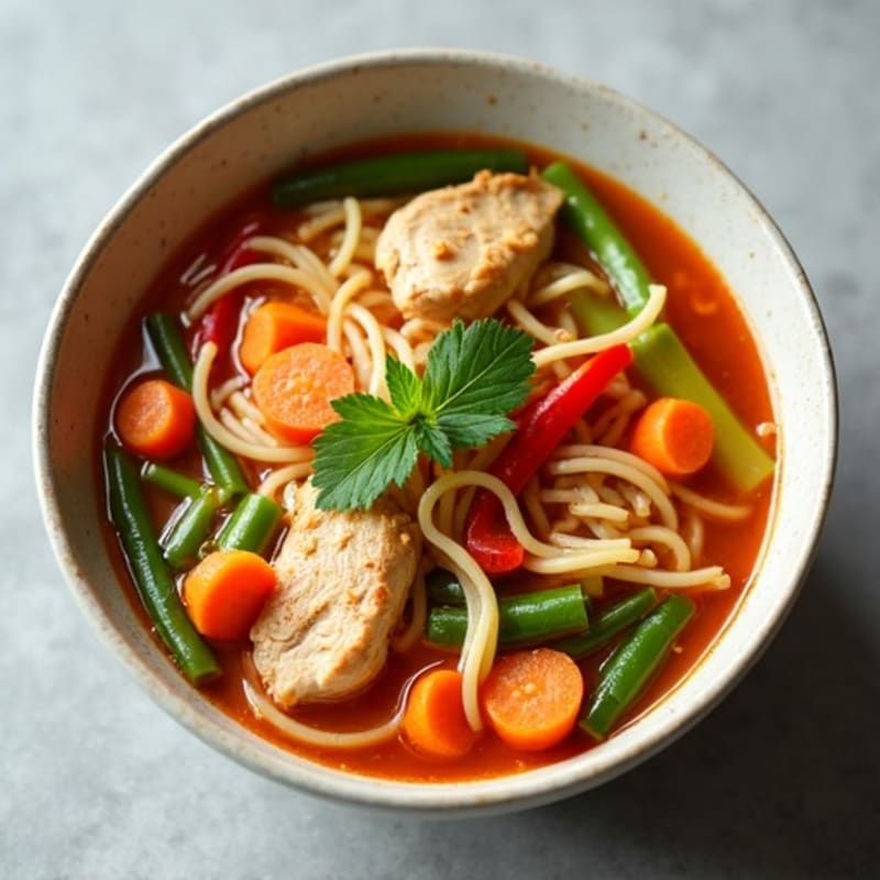 Spicy Sriracha Chicken Noodle Soup with Fresh Vegetables