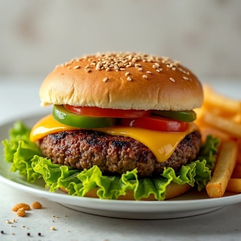 Lean Ground Beef Burger with Baked Fries and String Beans