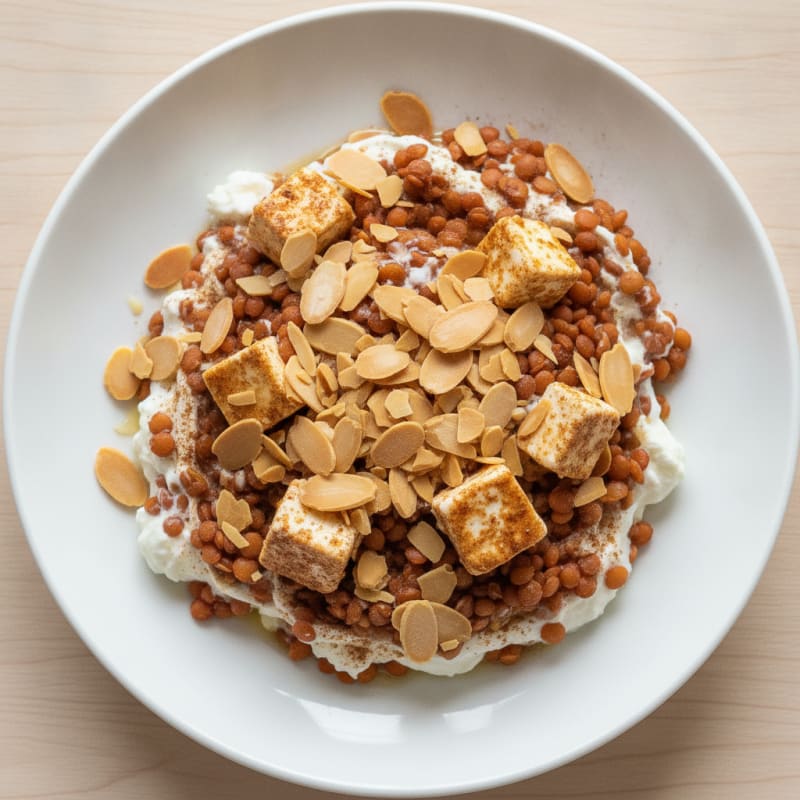 Creamy High-Protein Greek Yogurt with Lentils and Almond Slivers