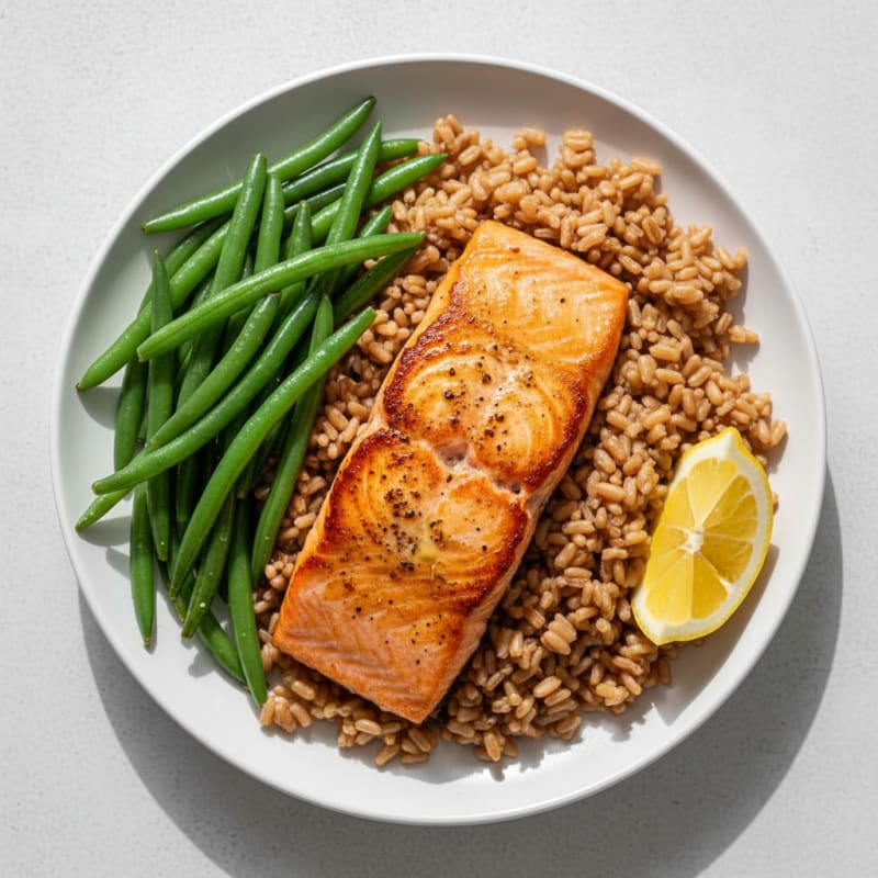 Seared Salmon with Steamed Green Beans and Brown Rice