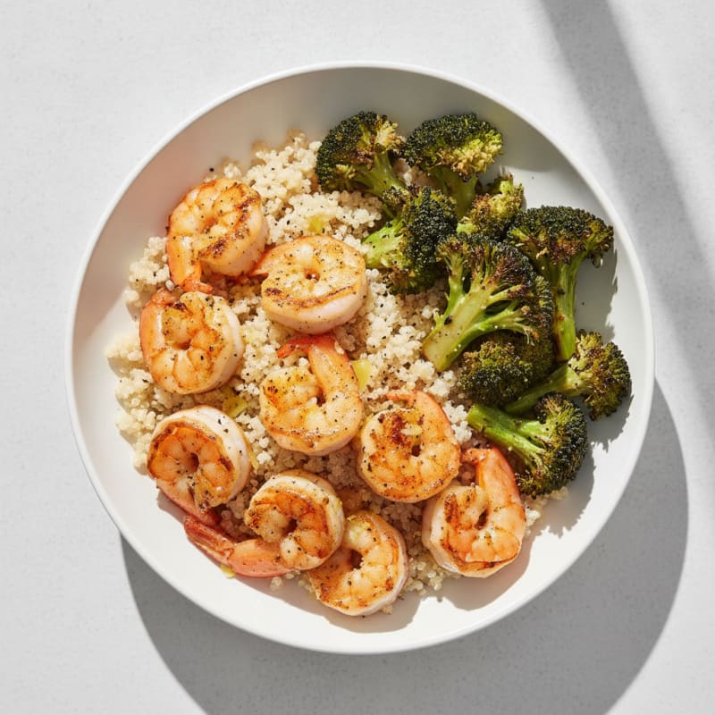 Grilled Shrimp Quinoa Bowl with Roasted Broccoli