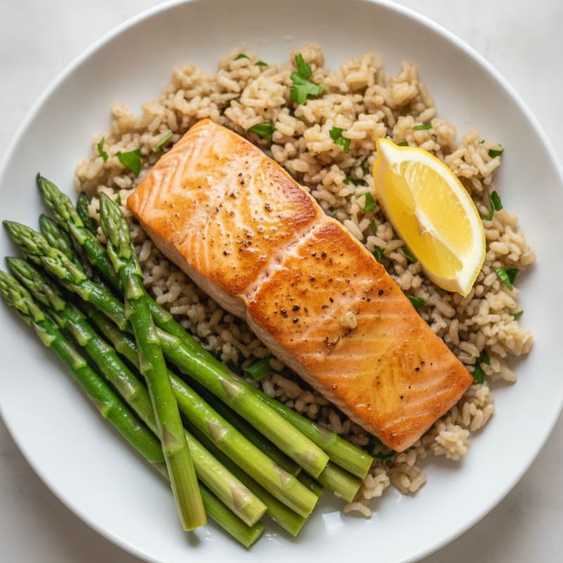Seared Salmon Fillet with Steamed Asparagus and Herbed Brown Rice