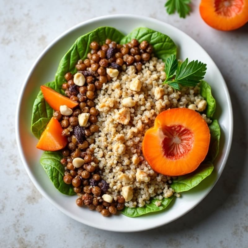 Creamy Lentil and Quinoa Salad with Sweet Persimmon and Crunchy Walnuts
