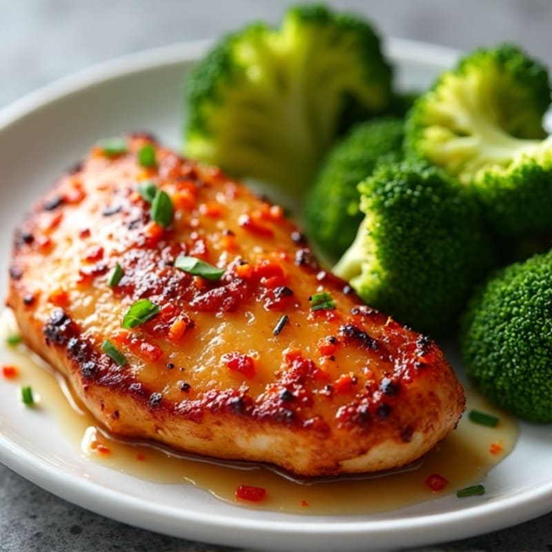 Crispy Baked Chicken with Sweet and Spicy Tangy Glaze and Steamed Broccoli