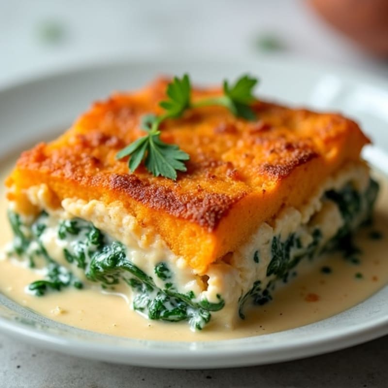 Creamy Chicken and Spinach Bake with Crispy Sweet Potato Topping