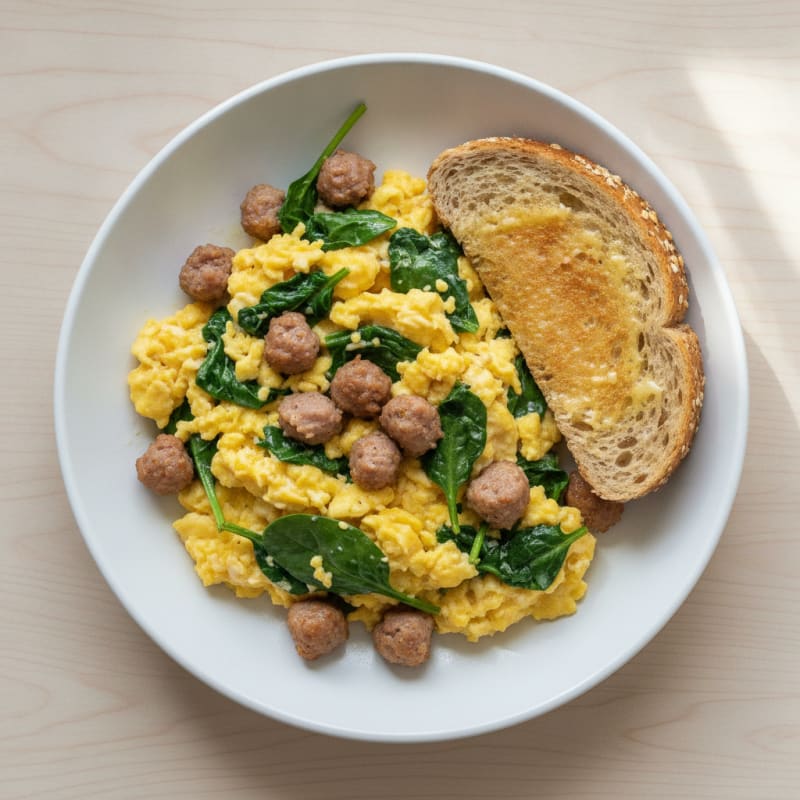 Creamy Scrambled Eggs with Turkey Sausage and Sautéed Spinach