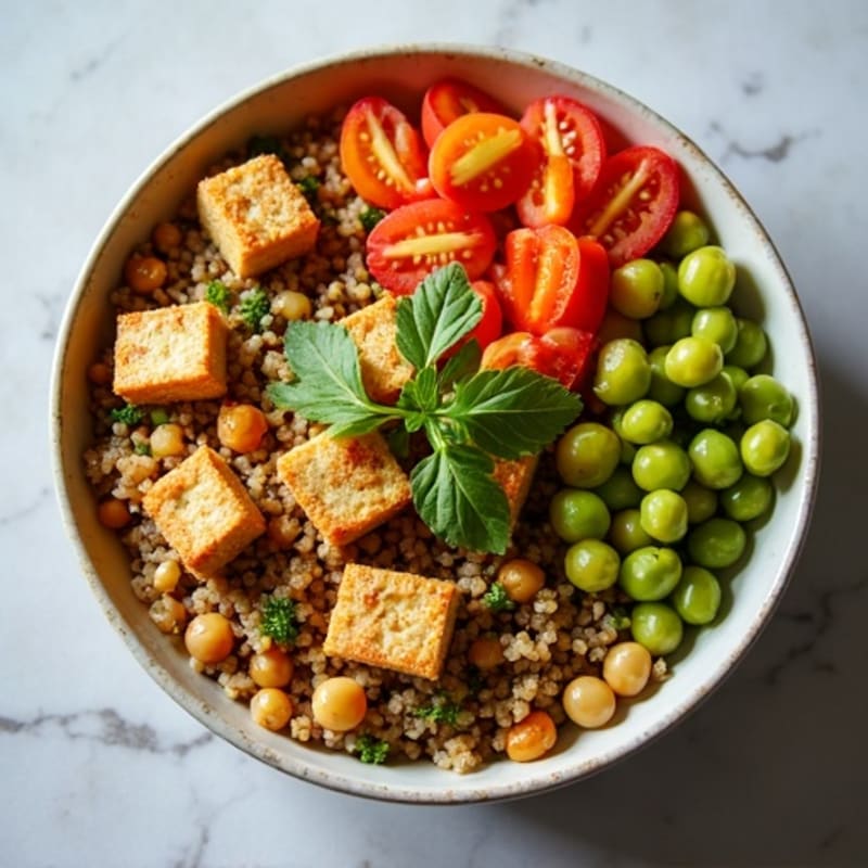 Crispy Lentil and Quinoa Power Bowl with Roasted Chickpeas and Edamame
