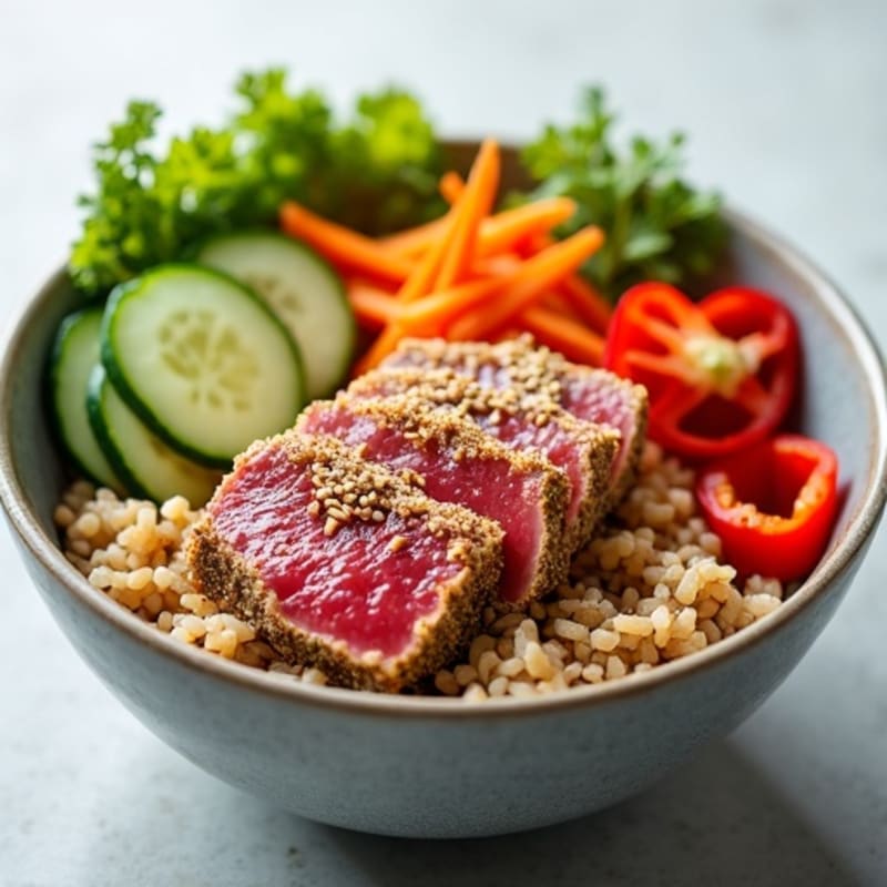 Sesame-Crusted Tuna Rice Bowl with Fresh Vegetables