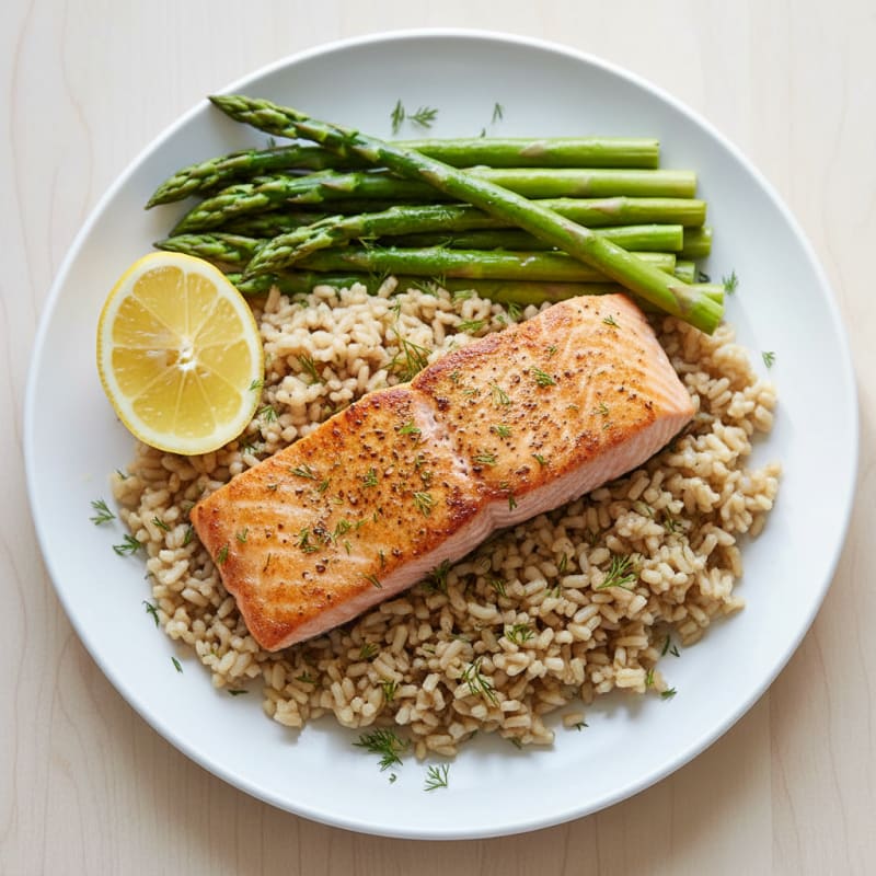 Seared Salmon with Steamed Asparagus and Brown Rice