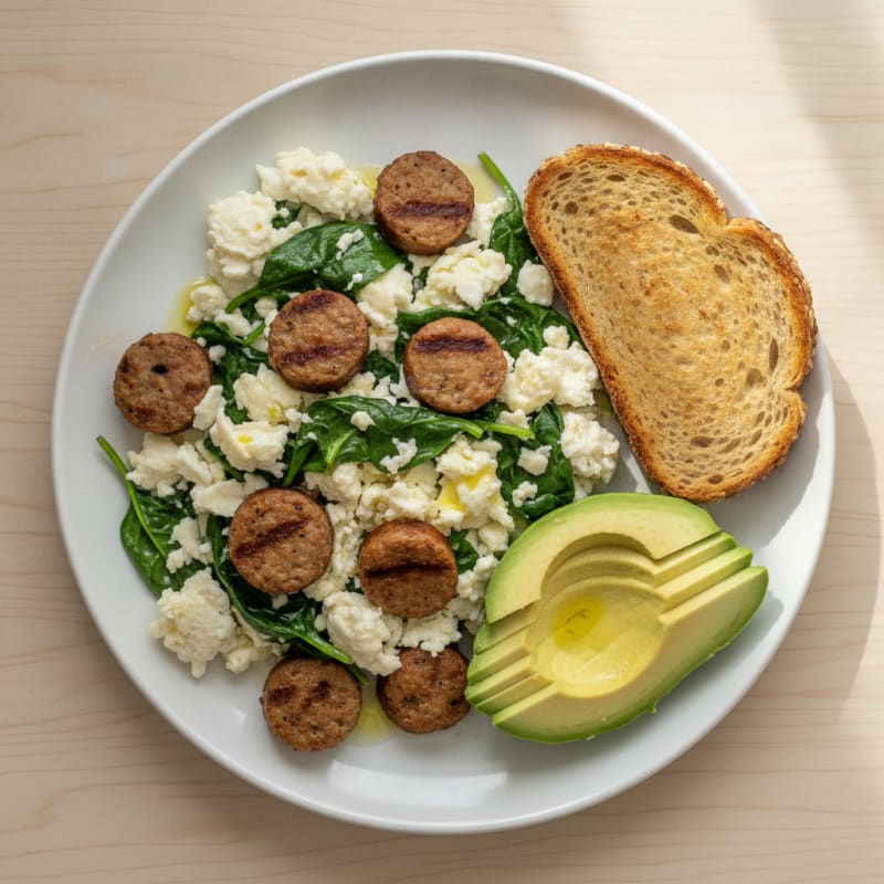 Egg White Spinach Scramble with Turkey Sausage