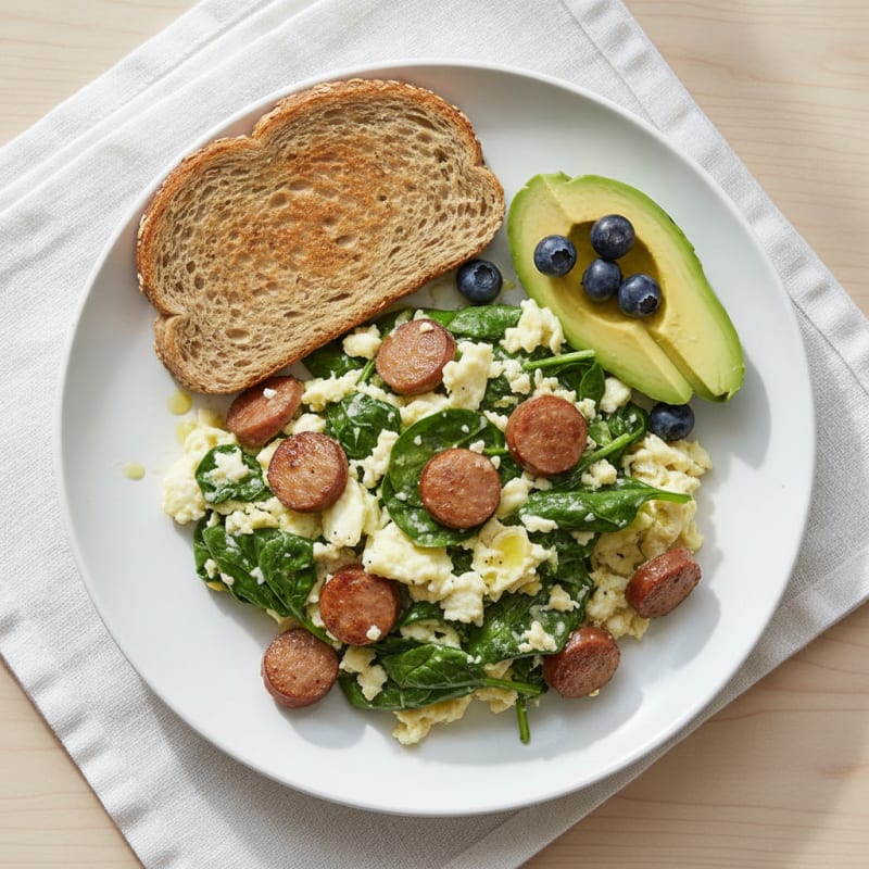 Egg White Spinach Scramble with Turkey Sausage