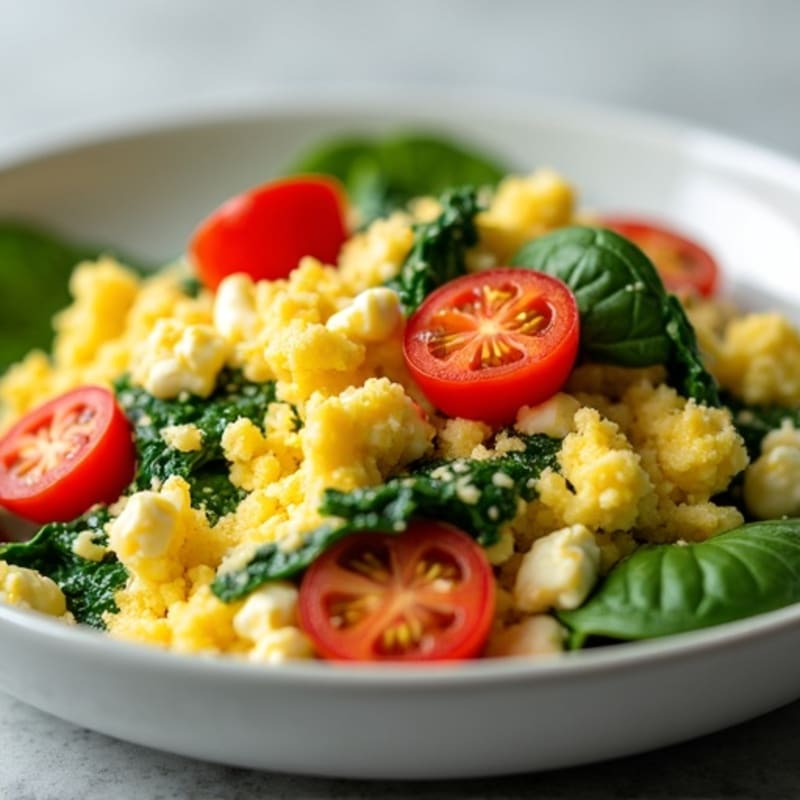 Creamy Cottage Cheese Scramble with Fresh Spinach and Cherry Tomatoes