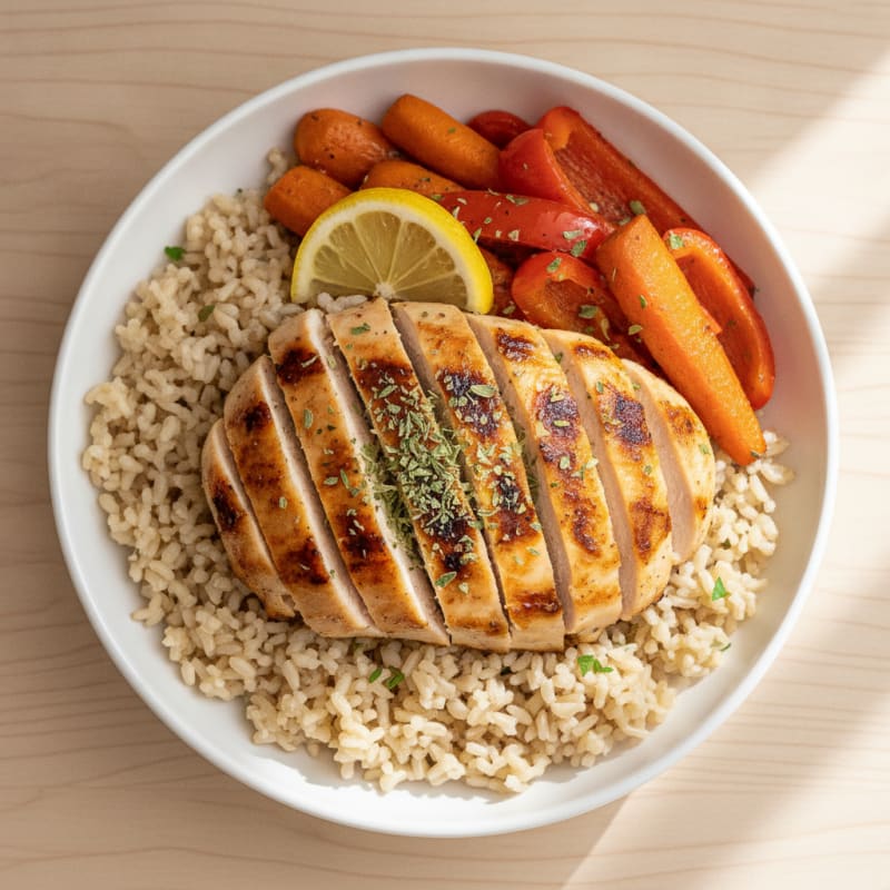 Grilled Chicken and Brown Rice Bowl with Roasted Carrots and Bell Peppers