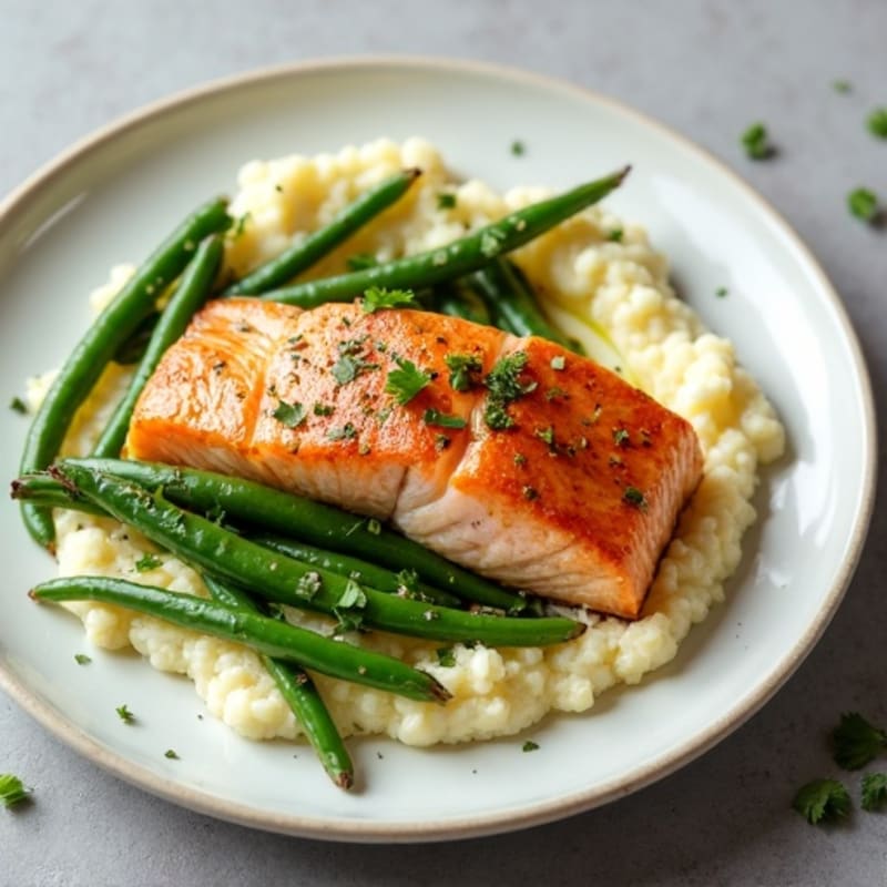 Seared Salmon with Garlic Green Beans and Cauliflower Mash