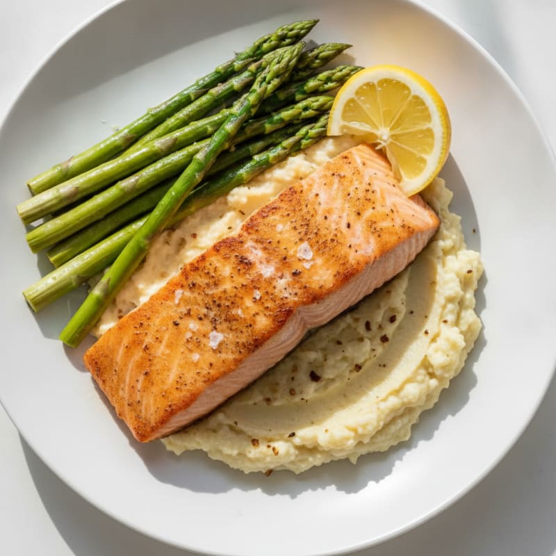 Seared Salmon with Steamed Asparagus and Cauliflower Mash