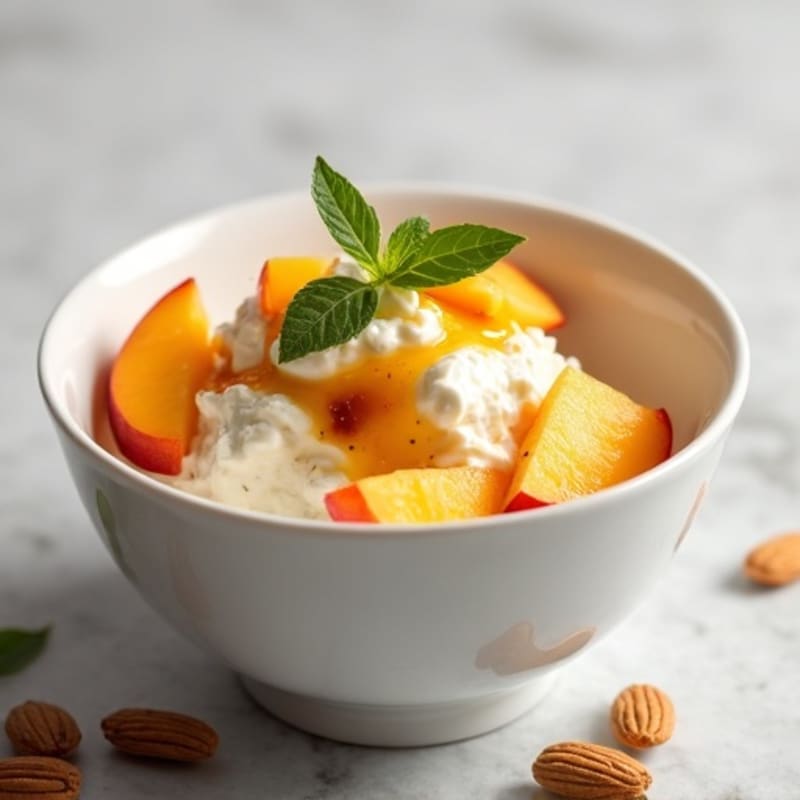 Cottage Cheese Bowl with Sliced Peaches and Toasted Almonds
