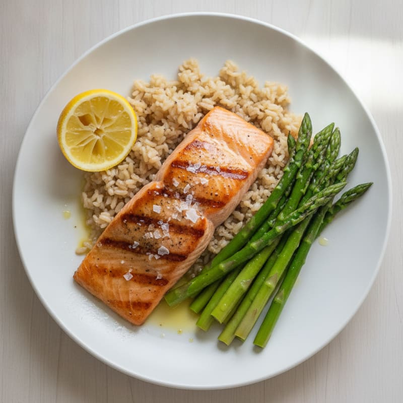 Seared Salmon with Steamed Asparagus and Brown Rice