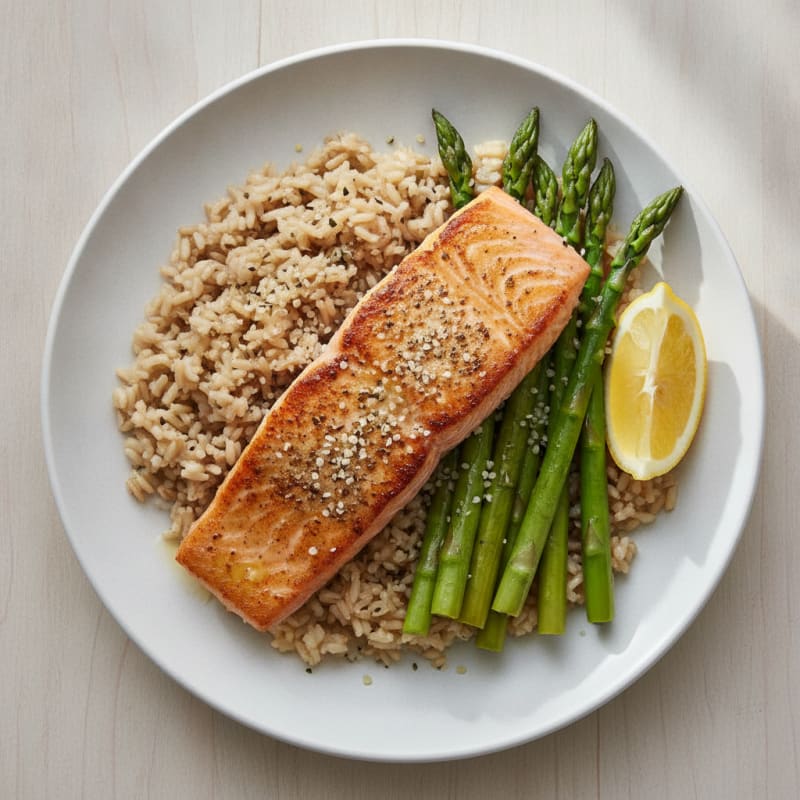 Seared Salmon Fillet with Steamed Asparagus and Brown Rice