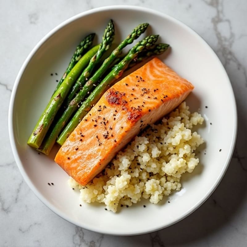 Seared Salmon with Roasted Asparagus and Cauliflower Rice