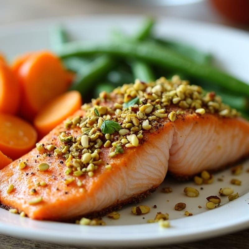 Pistachio-Crusted Salmon with Crispy Roasted Sweet Potatoes and Tender Green Beans