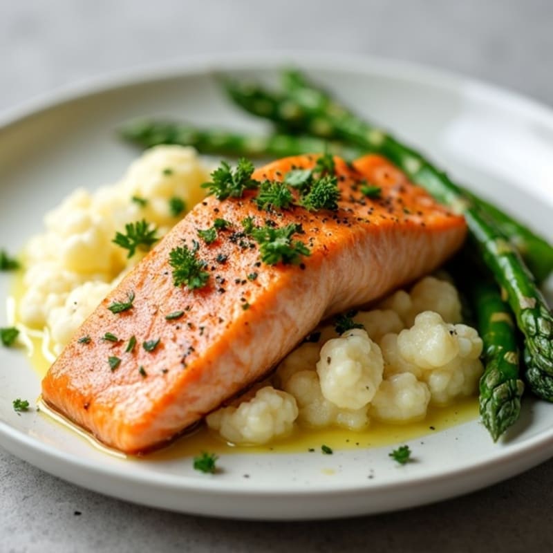 Seared Salmon Fillet with Steamed Asparagus and Garlic Mashed Cauliflower