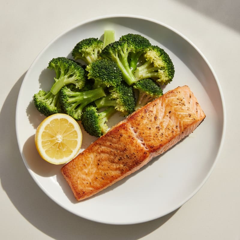 Seared Salmon with Steamed Broccoli and Lemon