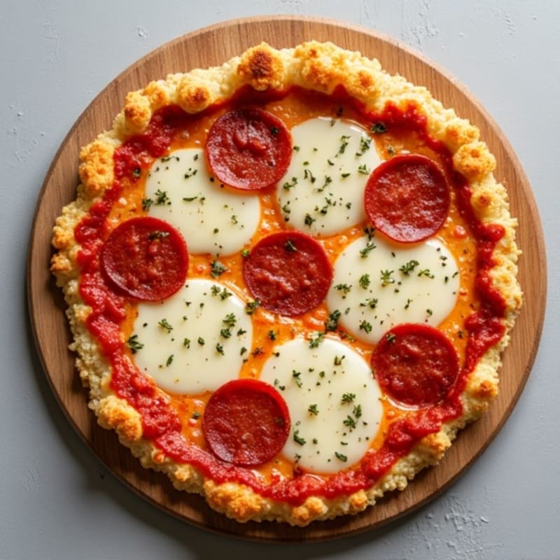 Cauliflower Crust Pizza with Turkey Pepperoni and Melted Mozzarella