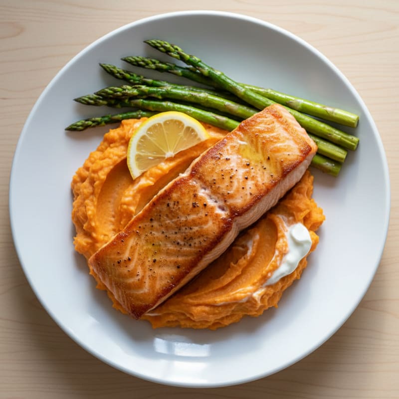 Seared Salmon Fillet with Roasted Asparagus and Sweet Potato Mash