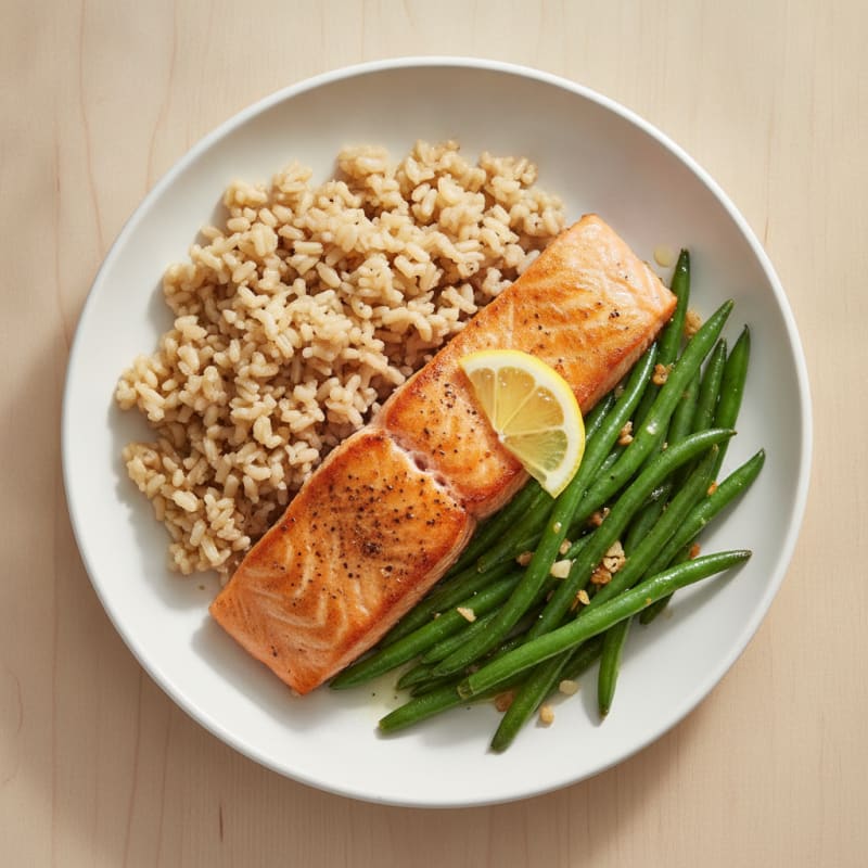 Seared Salmon Fillet with Garlic Green Beans and Brown Rice