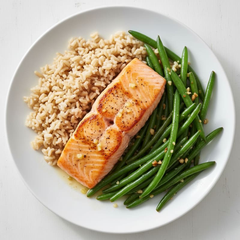 Seared Salmon with Garlic Green Beans and Brown Rice