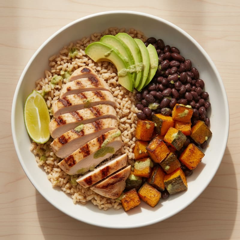 Grilled Chicken Breast Rice Bowl with Roasted Pumpkin and Beans