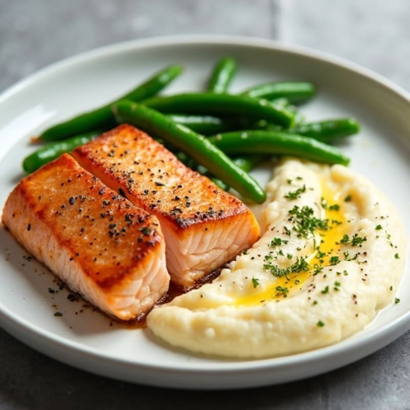 Seared Salmon with Garlic Green Beans and Cauliflower Mash