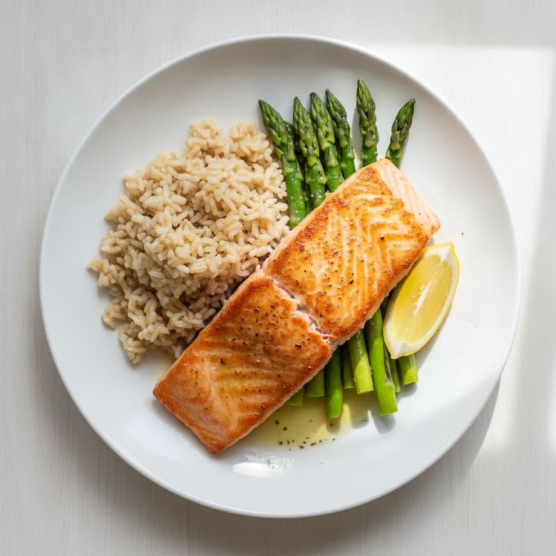 Seared Salmon Fillet with Steamed Asparagus and Brown Rice
