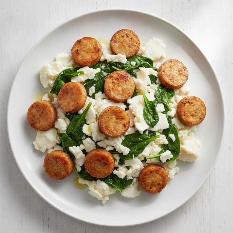 Scrambled Egg Whites with Chicken Sausage and Sautéed Spinach
