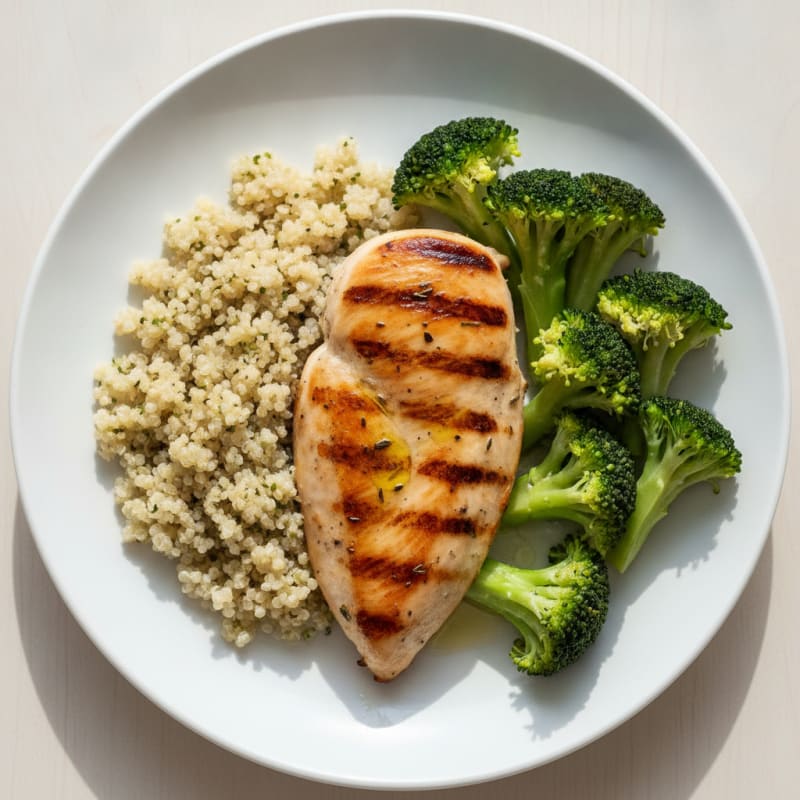Grilled Chicken Breast with Steamed Broccoli and Quinoa