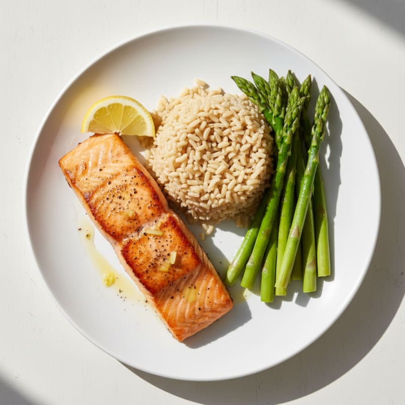 Seared Salmon with Steamed Asparagus and Brown Rice