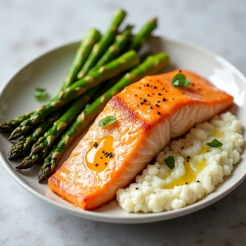 Seared Salmon Fillet with Roasted Asparagus and Cauliflower Mash