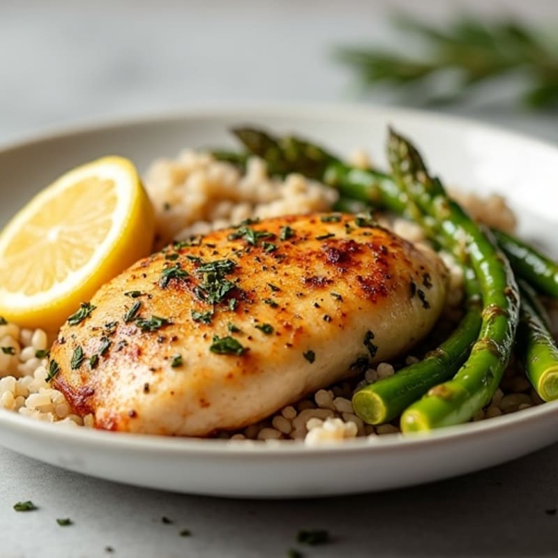 Lemon Herb Roasted Chicken with Brown Rice and Roasted Asparagus