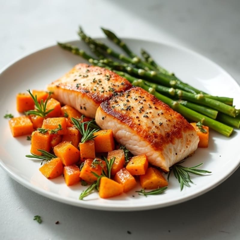 Seared Salmon with Roasted Sweet Potatoes and Asparagus