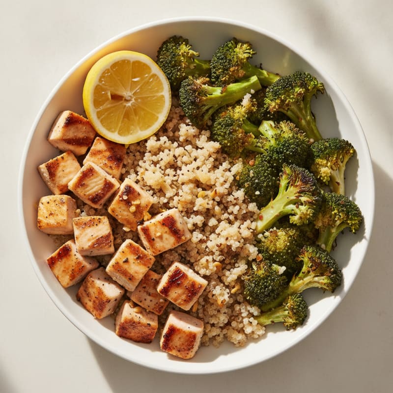 Grilled Chicken and Quinoa Bowl with Roasted Broccoli