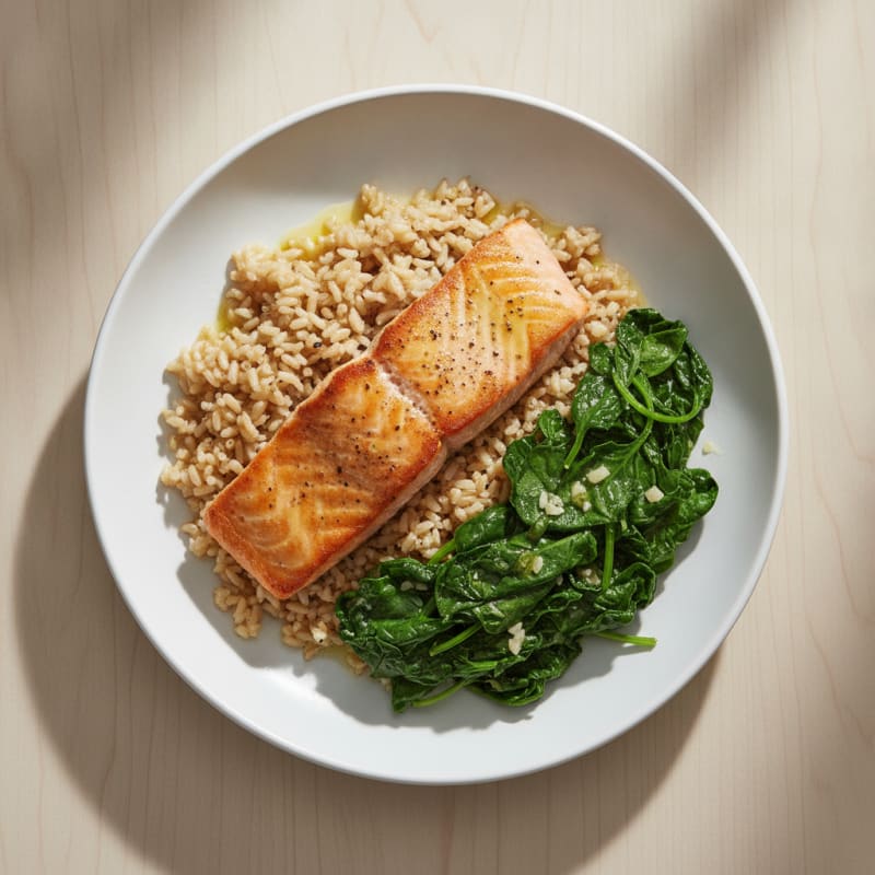 Seared Salmon with Garlic Spinach and Brown Rice