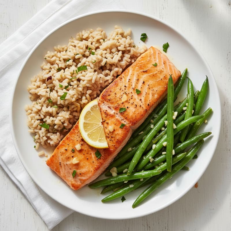 Seared Salmon with Garlic Green Beans and Brown Rice
