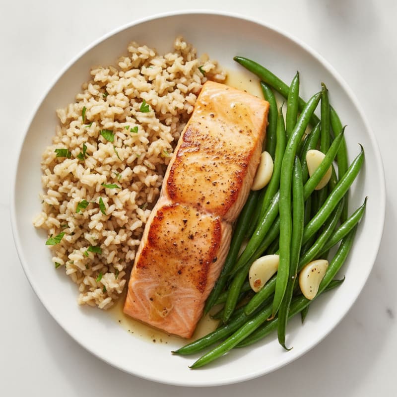 Seared Salmon Fillet with Garlic Green Beans and Herb Brown Rice