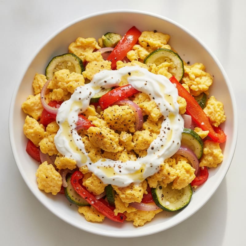 Hearty Scrambled Eggs with Roasted Vegetables