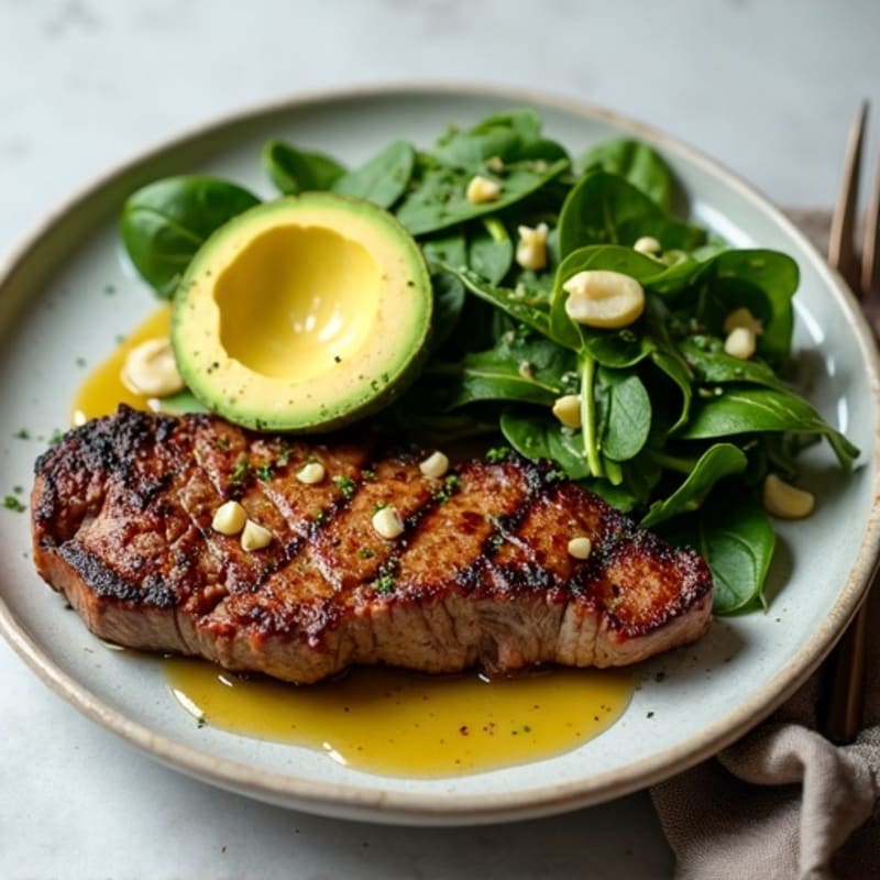 Garlic Seared Beef Steak with Creamy Avocado Spinach Salad