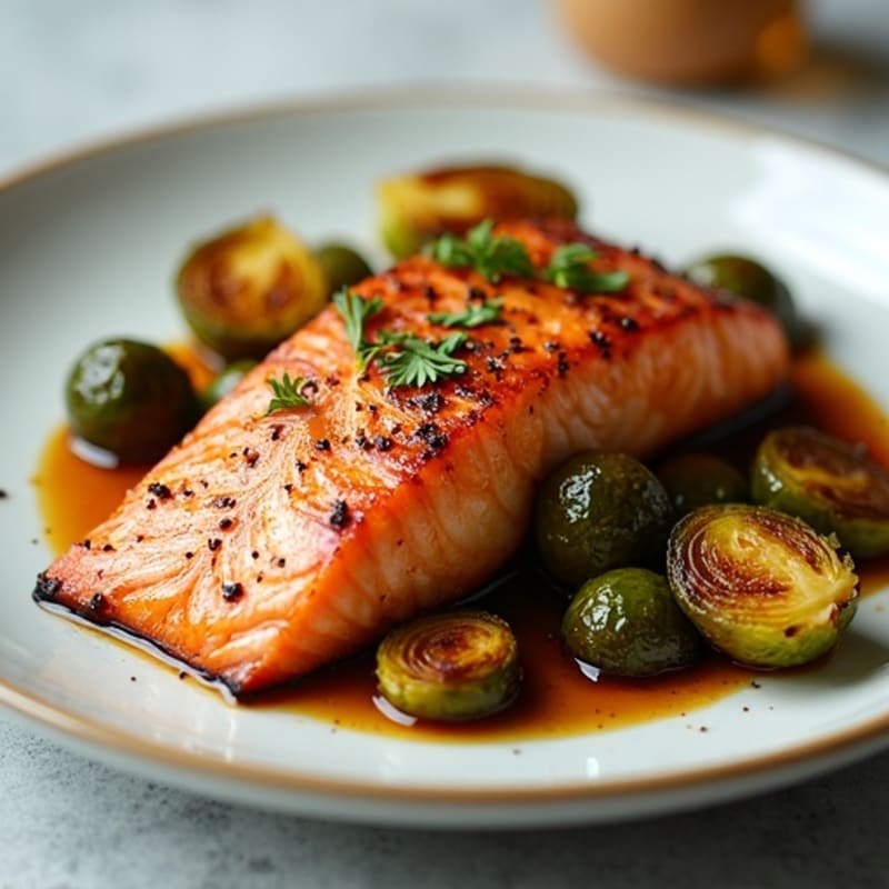 Crispy Pan-Seared Salmon with Balsamic Glazed Roasted Brussels Sprouts