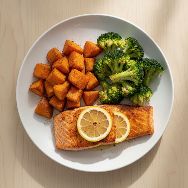Seared Salmon with Roasted Sweet Potatoes and Steamed Broccoli