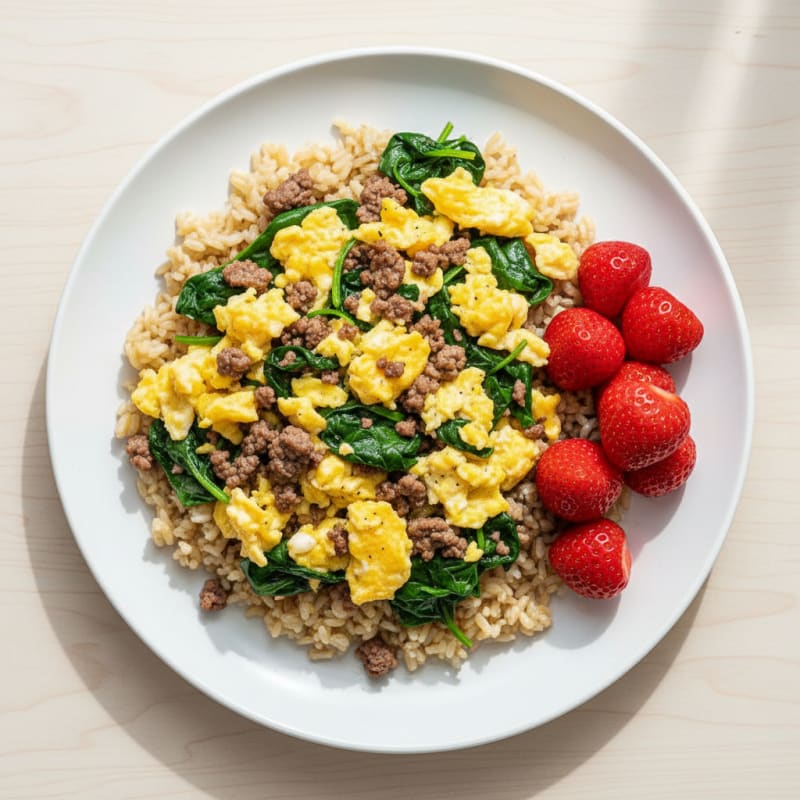 Scrambled Eggs with Ground Beef and Spinach over Brown Rice