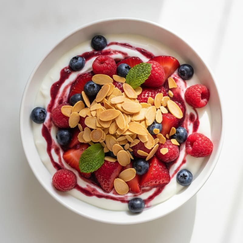 Greek Yogurt Protein Parfait with Mixed Berries and Almonds